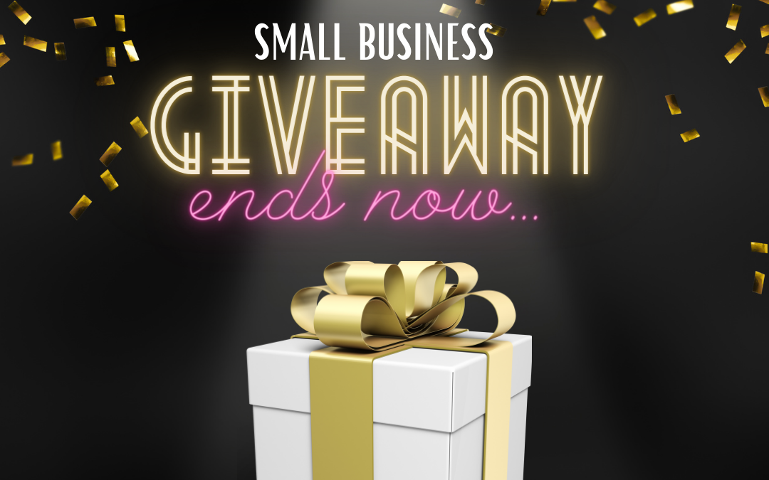 Small Business Giveaway ends now. White gift box wrapped with gold bow. Gold confetti floating above.