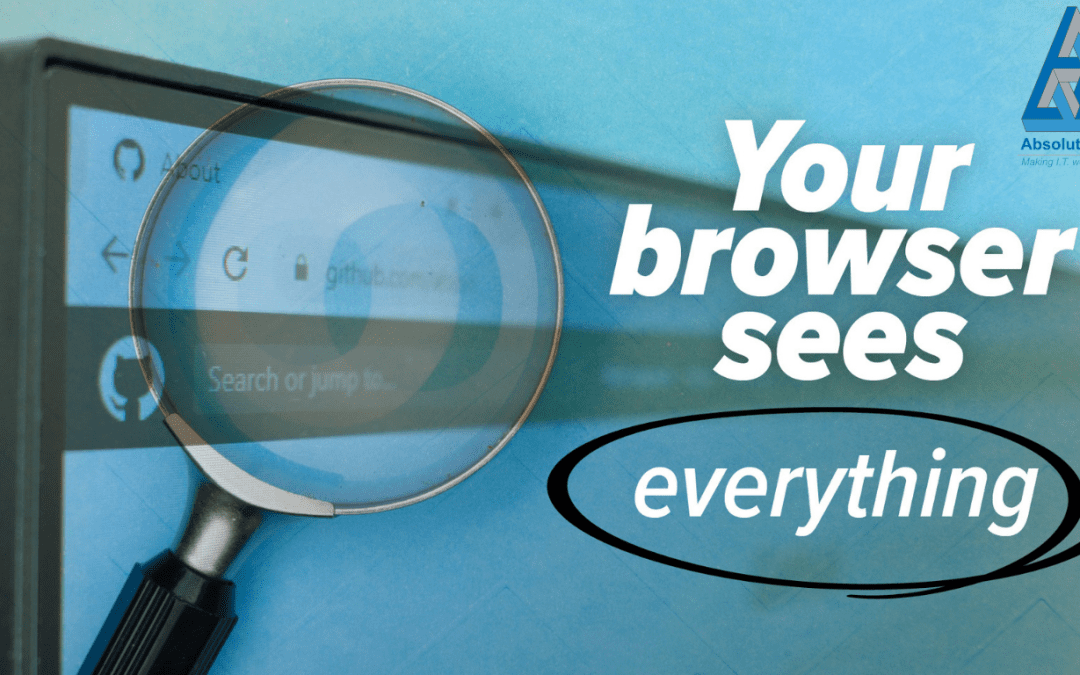 Magnifying glass highlighting a web browser interface with the text “Your browser sees everything”, representing online privacy and data visibility